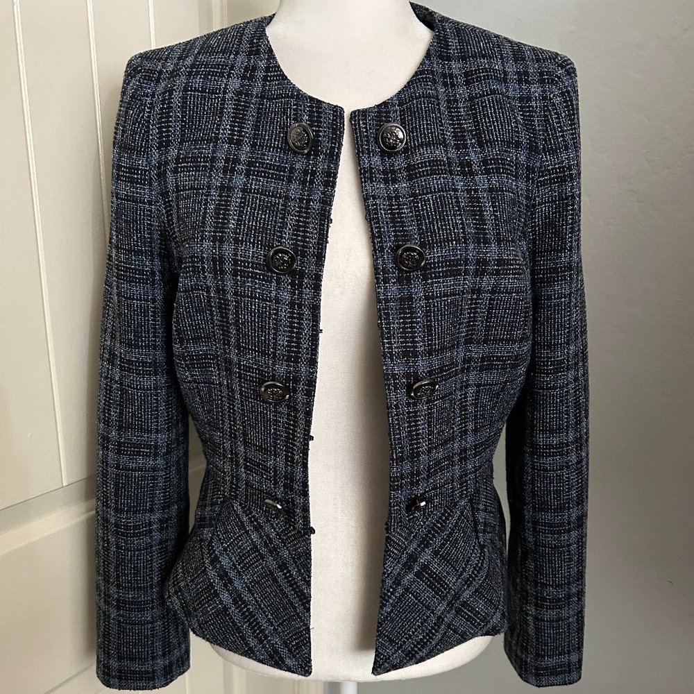 Tahari ASL Blue Plaid Long Sleeve Hook & Eye Closure Peplum Lined Jacket Size 4